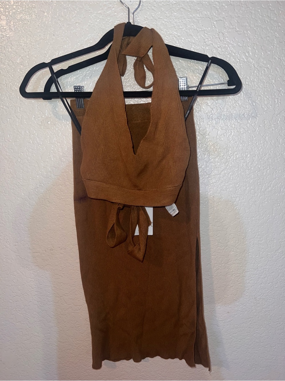 NWT Forever 21 Brown Ribbed Midi Skirt with Matching Halter Top